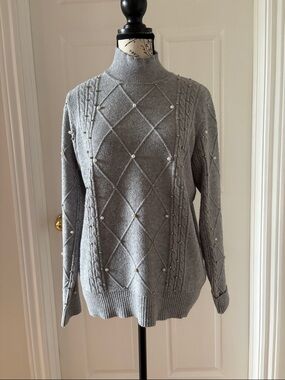 Pearl-Accent Gray Mock Neck Sweater